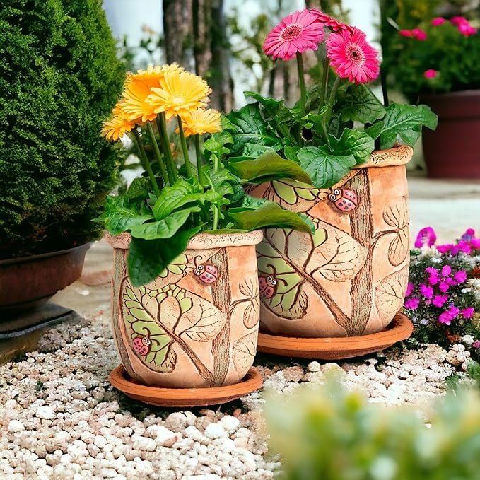 Ceramic Pot with Drainage Hole and Saucer, Plant Pots, Modern Decorative Planters for House Plants Indoor Flowers Plants, Cute Flower Pot - Gifts (Ladybugs (3 L))-Ruum Studio Home
