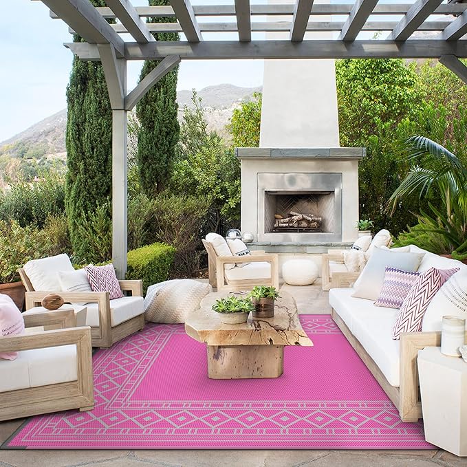 GENIMO Outdoor Rug Waterproof 6'x9' for Patio, Foldable Reversible Plastic Straw Carpet for Travel Trailers, Outside Area Mat for Rv, Deck, Picnic, Porch, Camper, Balcony, Beach, Pink & Grey-Ruum Studio Home