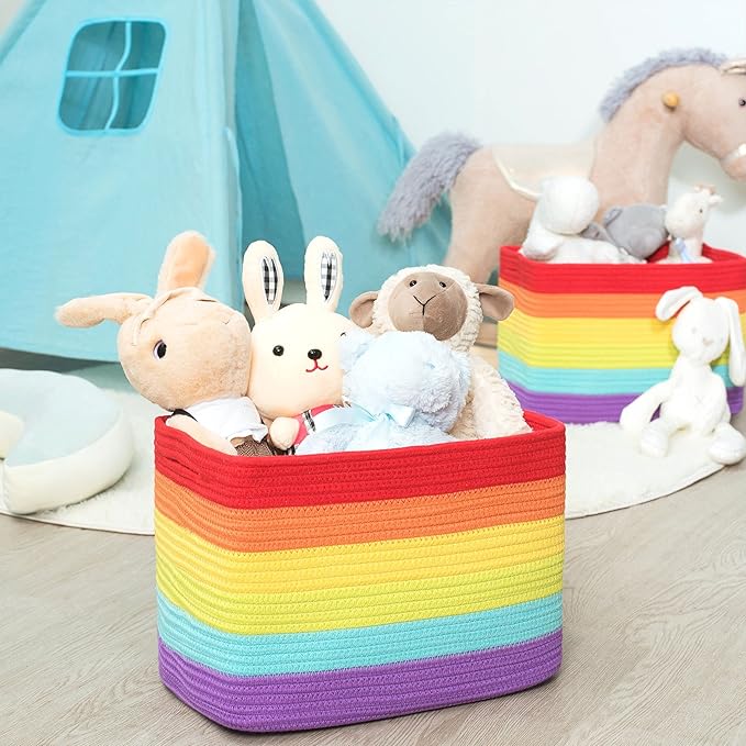 MINTWOOD Design 3-Pack Storage Baskets for Shelves, Playroom and Classroom, Book Basket, Decorative Storage Cube Bins, Woven Closet Organizers, Pantry and Shoe Organizer, Rainbow-Ruum Studio Home