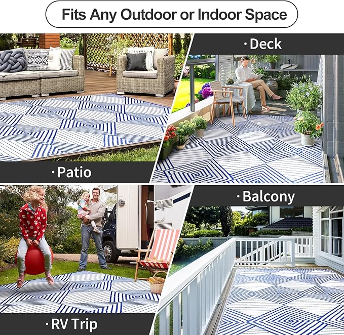 Waterproof Outdoor Rug 6x9ft, Foldable Reversible Plastic Straw Mat for Patio RV Deck Porch Backyard Balcony Camping Picnic Beach Indoor Outdoor Carpet, Blue&White-Ruum Studio Home