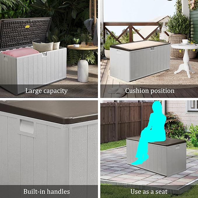 110 Gallon Pro Outdoor Storage Box Waterproof Lockable Deck Box Large, Patio Storage Bin for Pool Accessories Cushion Furniture, Garden Tools, UV-Resistant Outside Delivery, Grayish Brown-Ruum Studio Home