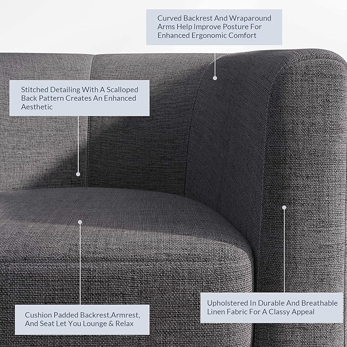 BELLEZE Living Room Chair, Linen Round Accent Barrel Chair, Club Tub Sofa Chair for Bedroom, Corner Chair with Flared Legs and Cozy Soft Padding - Highland (Gray)-Ruum Studio Home