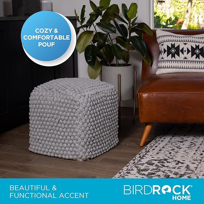 BIRDROCK HOME Buds Pouf Foot Stool Ottoman - Knit Bean Bag Floor Chair - Cotton Braided Cord - Great for The Living Room, Bedroom and Kids Room - Small Furniture (Grey - Buds)-Ruum Studio Home