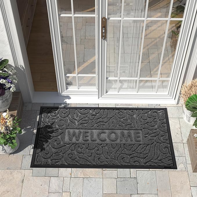 Yimobra Welcome Front Door Mat Outdoor, Heavy Duty Sturdy Non Slip Doormats, Rubber Backing, Low-Profile Entrance Rugs, Absorbent Resist Dirt, Easy Clean Patio Garage Floor Mats, 47X24 Inch, Grey-Ruum Studio Home