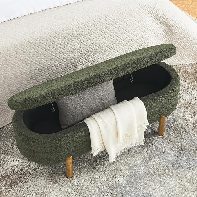 Furniliving 46” Storage Benches, End of Bed Bench with Button-Tufted Large Upholstered Storage Ottoman Teddy Window Bench with Storage Shoe Cabinet Bench, for Bedroom, Entryway, Closet, Green-Ruum Studio Home