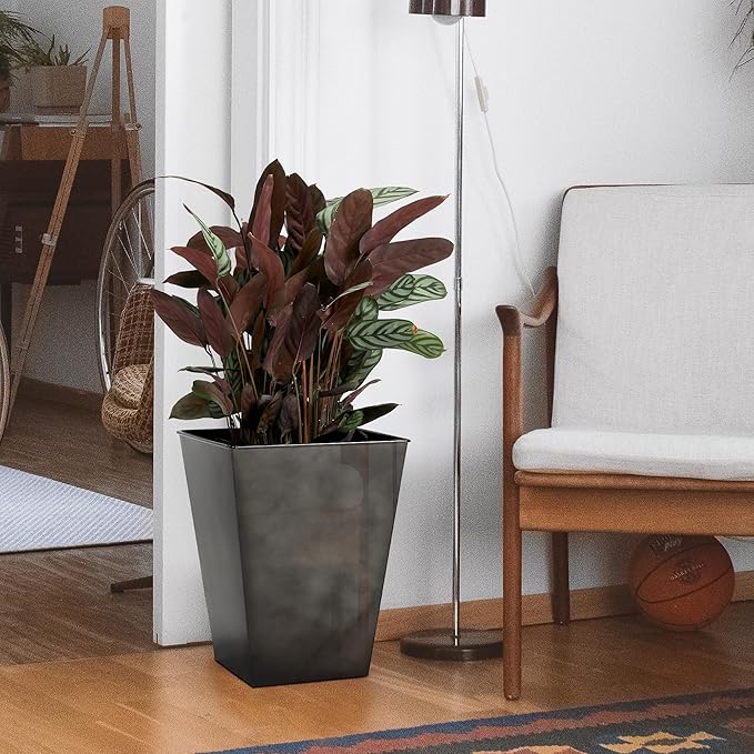 KOL 18''H. Bright Glazed Planter with Drainage Hole, Set of 2, Galvanized Steel Planter Pots for Indoor & Outdoor Use, Decorative Flower Plant Pots for Front Porch, Patio, Deck - Black-Ruum Studio Home