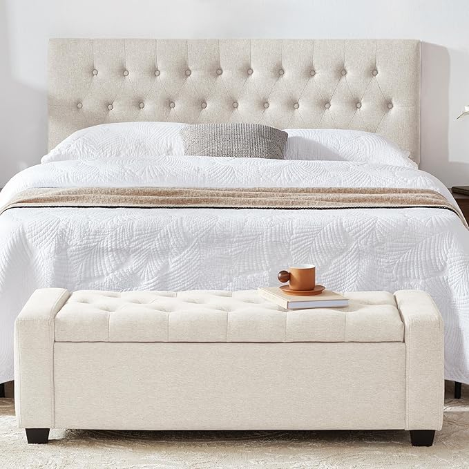 48" Ottoman with Storage, Storage Ottoman Bench with Safety Hinge, Upholstered Entryway Bench with Seating for Bedroom, Living Room, Holds up to 330 lb, Beige-Ruum Studio Home