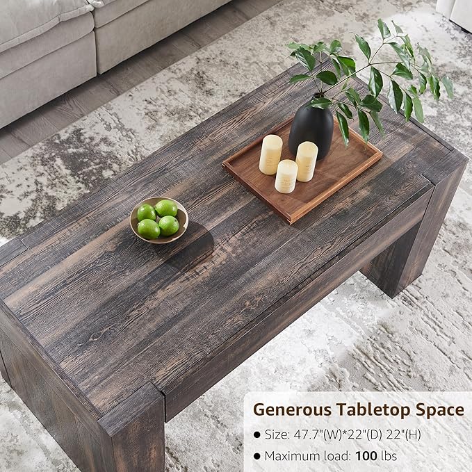 OKD 48" Modern Farmhouse Coffee Table, Wooden Living Room Table with Hidden Storage Drawer, Rustic Rectangular Center Tables w/Wood Thick Design for Living Room, Office, Dark Rustic Oak-Ruum Studio Home