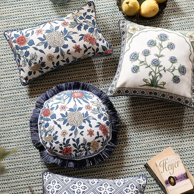 patdrea Designer Floral Linen Throw Pillow Covers,Blue French Cottage Flower Pattern Decorative Pillowcases Cushion for Bed Living Room Outdoor Car,Pack of 4-Ruum Studio Home