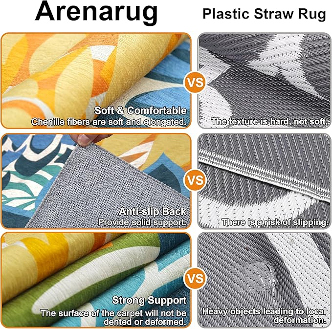 Indoor Outdoor Area Rug Washable Multicolored Patio Rug Tropical Botanical Modern Floral Indoor Outdoor Carpet Non Slip Yellow Green Rug Non Shedding for Patio, Deck, Backyard, Porch (6x9)-Ruum Studio Home