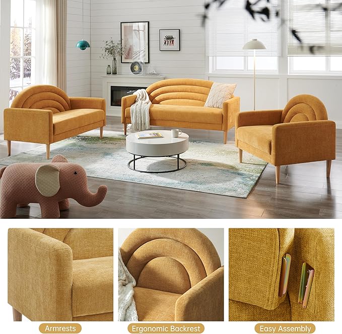 Accent Chair Reading Chair with Armrest, Small Comfy Chair for Small Spaces, Modern Linen Upholstered Armchair for Bedroom & Living Room, Single Sofa Chair with Wood Legs, Easy Assembly (Yellow)-Ruum Studio Home