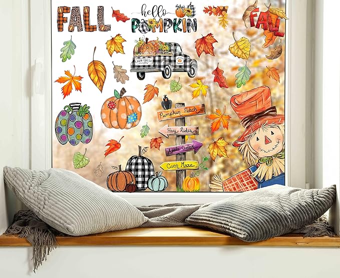 Fall Window Clings Decorations for Glass Fall Watercolor Pumpkin Maple Leaves Scarecrow Truck Window Stickers for Autumn Thanksgiving Harvest Party Home Window Decals Decor-Ruum Studio Home