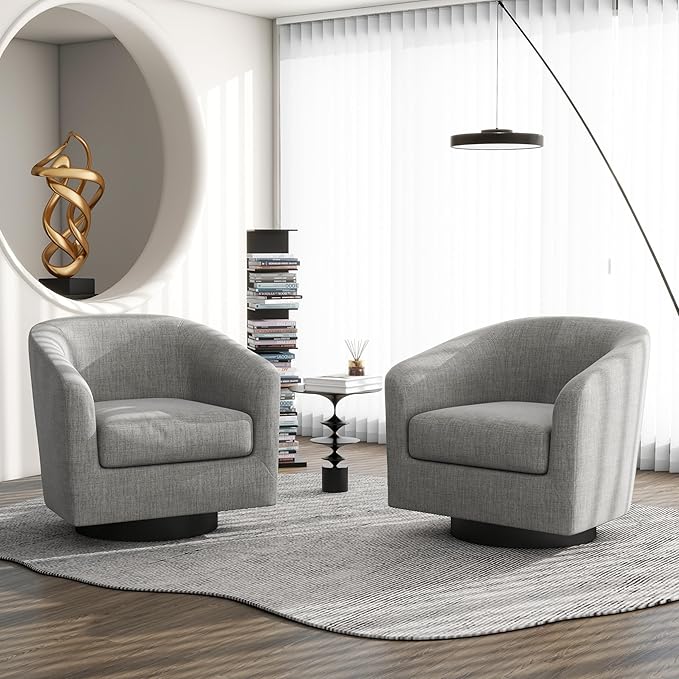 Swivel Barrel Accent Chair, Modern Round Linen Arm Chair for Living Room, Bedroom, Comfy Club Reading Chairs for Adults（Linen Fabric, Light Grey, Set of 1-Ruum Studio Home