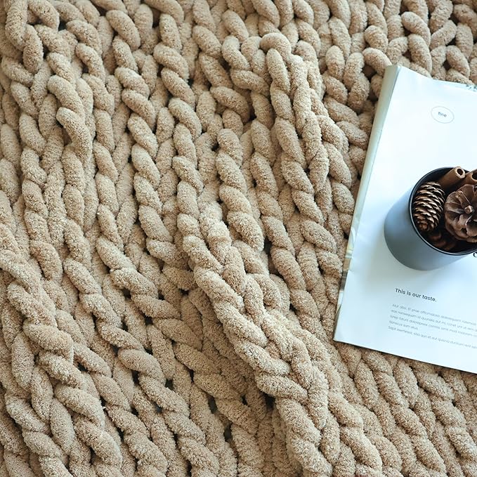 Maetoow Chenille Chunky Knit Blanket Throw （40×50 Inch）, Handmade Warm & Cozy Blanket Couch, Bed, Home Decor, Soft Breathable Fleece Banket, Christmas Thick and Giant Yarn Throws, Khaki-Ruum Studio Home