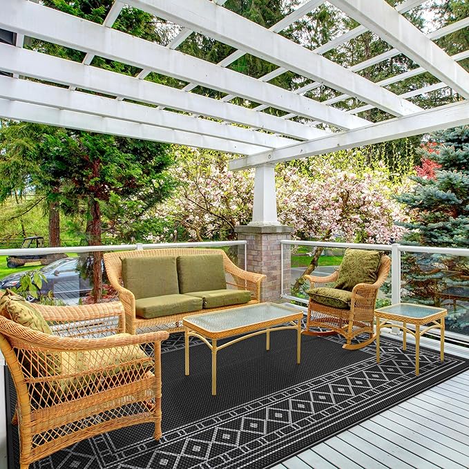 GENIMO Outdoor Rug 5'x8' Waterproof for Patio Decor, Reversible Outdoor Plastic Straw Rug Carpet, Camping Mats for Outdoor, RV, Backyard, Deck, Balcony, Picnic, Black & Grey-Ruum Studio Home