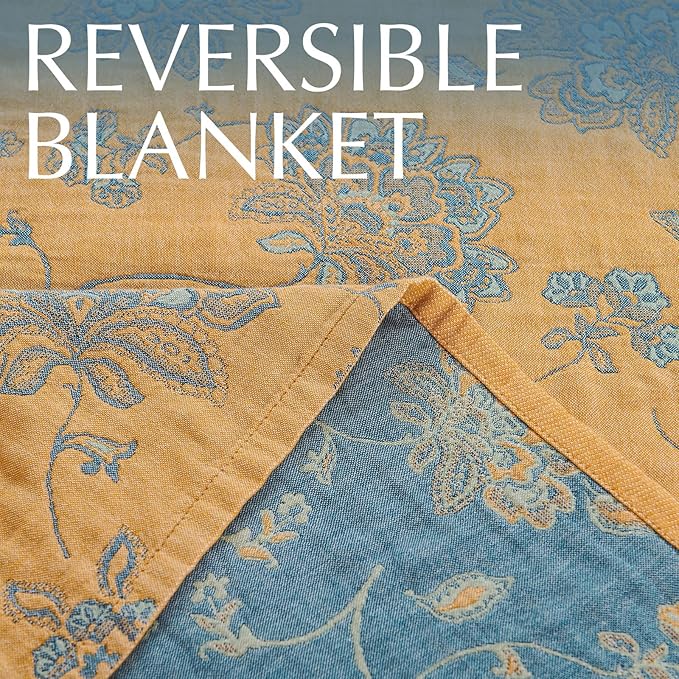 jinchan Boho 100% Cotton Muslin Twin Size 50x60 Inches Blanket Lightweight 4-Layer Quilted Soft Yellow and Blue Floral Throw Blanket Reversible Comfy Flower Breathable All Seasons Couch Bedroom Decor-Ruum Studio Home