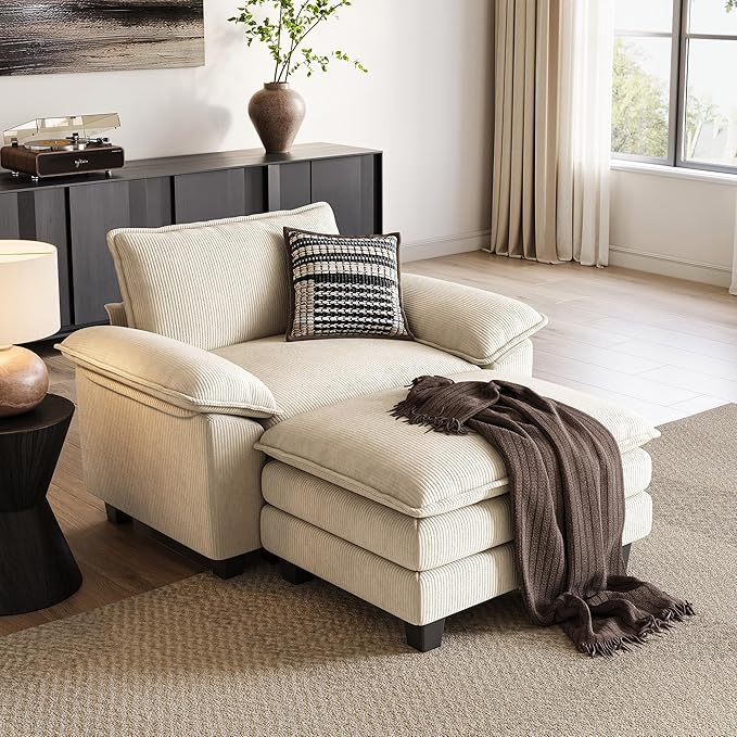 LINSY HOME Sofa Chair with Movable Ottoman - Corduroy Cloud Couch Chair Soft Comfy Modern Sofa Chaise Single Sleeper Chair Bed for Living Room Apartment Office, Beige-Ruum Studio Home