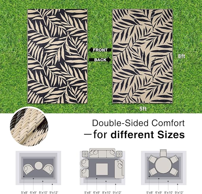 OLANLY Waterproof Outdoor Rug 5x8 ft, Reversible Outdoor Plastic Straw Rug with Leaf Pattern, RV Mat, Indoor Outdoor Carpet for Patio, Camping, Balcony, Deck, Backyard, Black & Beige-Ruum Studio Home