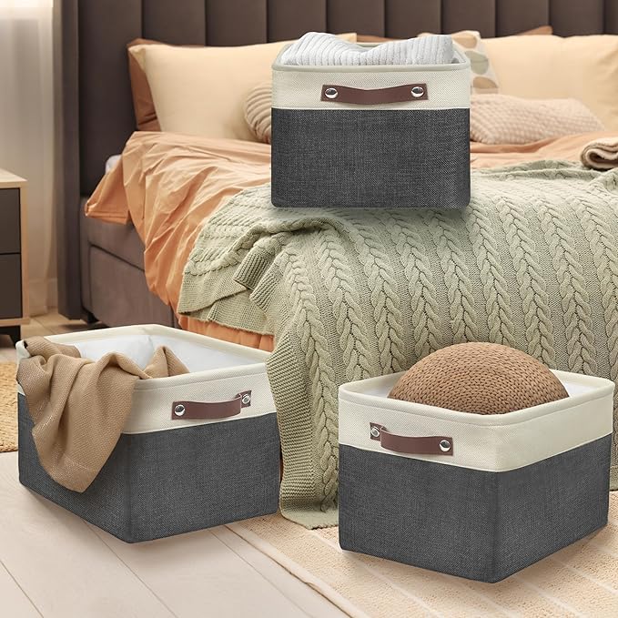 SIMPLE HOUSEWARE Large Fabric Storage Bin, 15" x 11" with Leather Like Handles, 3 Pack, Dark Gray-Ruum Studio Home