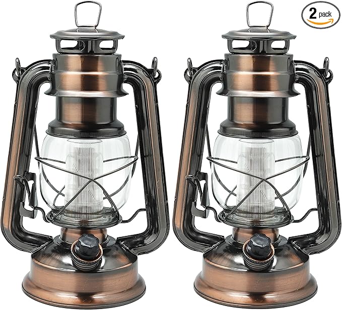 YAKii LED Vintage Lantern Metal Hanging Hurricane 12 LED Dimmer Switch Warm White Battery Operated Power Outage Indoor Camping Lighting Outdoor Brooklyn (Copper 2 Pack)-Ruum Studio Home