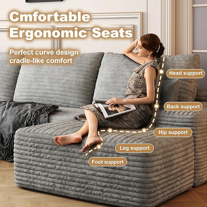 108" Sectional Couches for Living Room Modern Modular Sofa with L-Shape Couchs Upholstered Boneless Couch Deep Seat Sectional Couch with Chaise (Grey, Left Facing Chaise+2Seaters+1Ottoman)-Ruum Studio Home