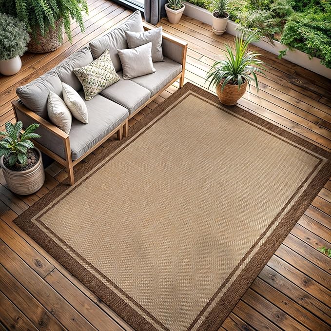 CAMILSON Outdoor Rug 9x12 Bordered Natural Brown Modern Area Rugs for Indoor and Outdoor Patios, Kitchen and Hallway Mats, Washable Porch Deck Outside Carpet (Border Jute, 9 x 12)-Ruum Studio Home
