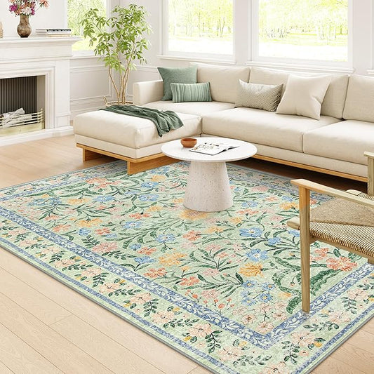 Wonnitar Boho Washable Rugs 8x10, Large Floral Rugs for Bedroom, 8 x 10 Soft Green Living Room Carpet, Non Slip Ultra-Thin Carpet for Kids Playroom Dorm Dining Room-Ruum Studio Home