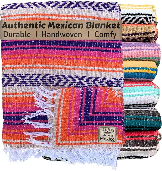 Del Mex Classic Mexican Blanket, Large Authentic Woven Falsa Throw (70"x50"), Artisan Southwest Décor for Beach, Yoga, Outdoors (Pink/Orange)-Ruum Studio Home