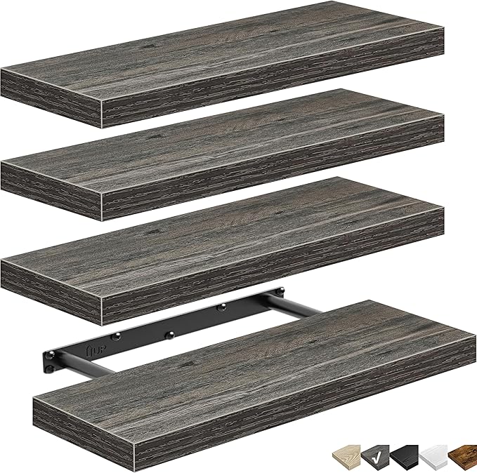 QEEIG Floating Shelves for Wall Bathroom Shelf Bedroom Kitchen Living Room Farmhouse Small Book Shelf 16 inch Set of 4, Grey (015-GY4)-Ruum Studio Home
