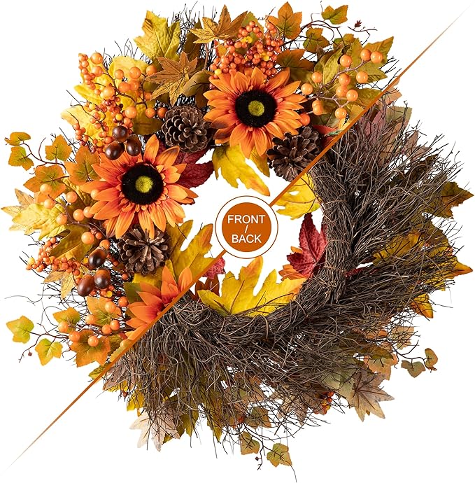 Glitzhome 24'' Fall Wreath for Front Door Decor, Artificial Autumn Orange Wreath with Sunflower, Maple Leaf and Berry Ornament for Wall Fireplace Farmhouse Thanksgiving Day Harvest Festival Decor-Ruum Studio Home