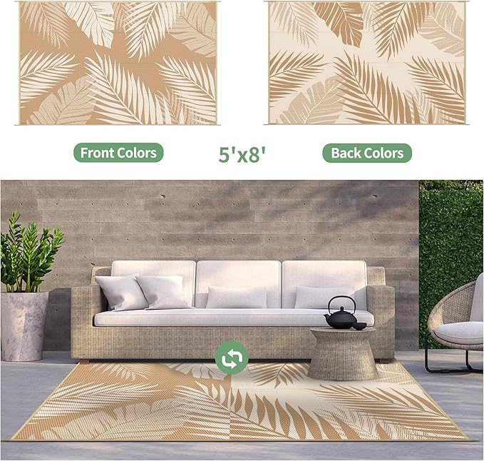 GENIMO Outdoor Rug 5' x 8' Waterproof for Patios Clearance, Reversible, Plastic Straw Camping Rug Carpet, Large Area Rugs Mats for RV, Picnic, Backyard, Deck, Balcony, Porch, Beach, Brown&Beige-Ruum Studio Home