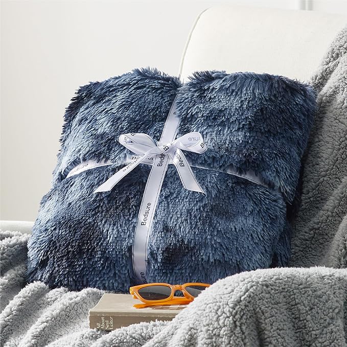 Bedsure GentleSoft Fuzzy Sherpa Faux Fur Twin Blanket Tie Dye Navy Cozy Gifts for Women Men, Soft Fleece Plush Warm Minky Thick Blanket Twin Size for Bed, Blue Room Decor Dorm Essentials Gifts, 60x80-Ruum Studio Home