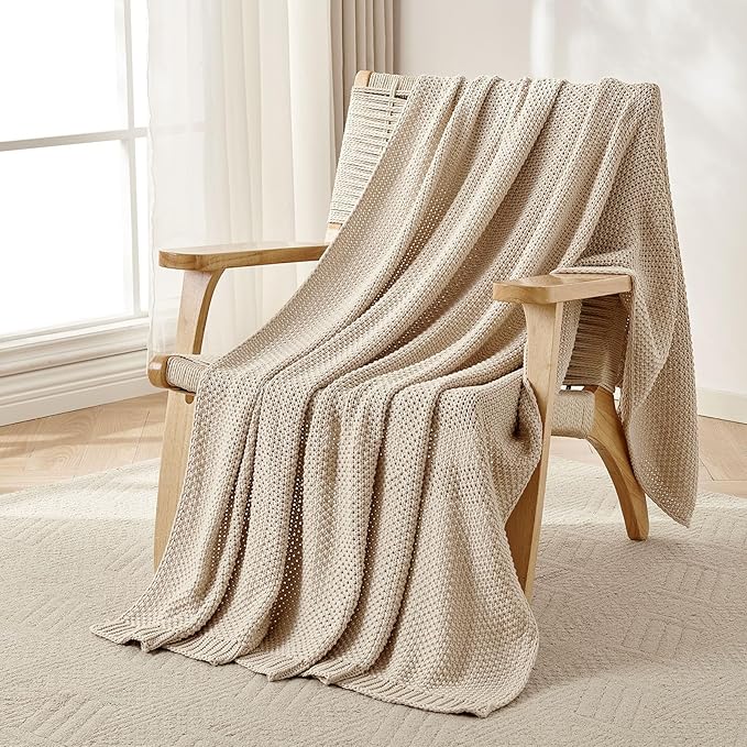 Joydeco Chunky Cable Knit Throw Blanket, Lightweight 100% Organic Cotton Soft Cozy Throw Twin Blanket for Couch Bed and Sofa, Rustic Breathable Farmhouse Blanket Gift for Women Men(Beige, 51"x63")-Ruum Studio Home