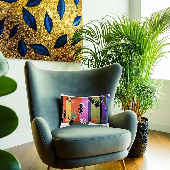 Lumbar Matisse Decorative Pillow Cover Art Nouveau Toss Pillowcase Farmhouse Chair Cushion Contemporary Pillowsham Mid-Century Couch Cushions Hand Embroidered Pillow Wool 18x18-Ruum Studio Home