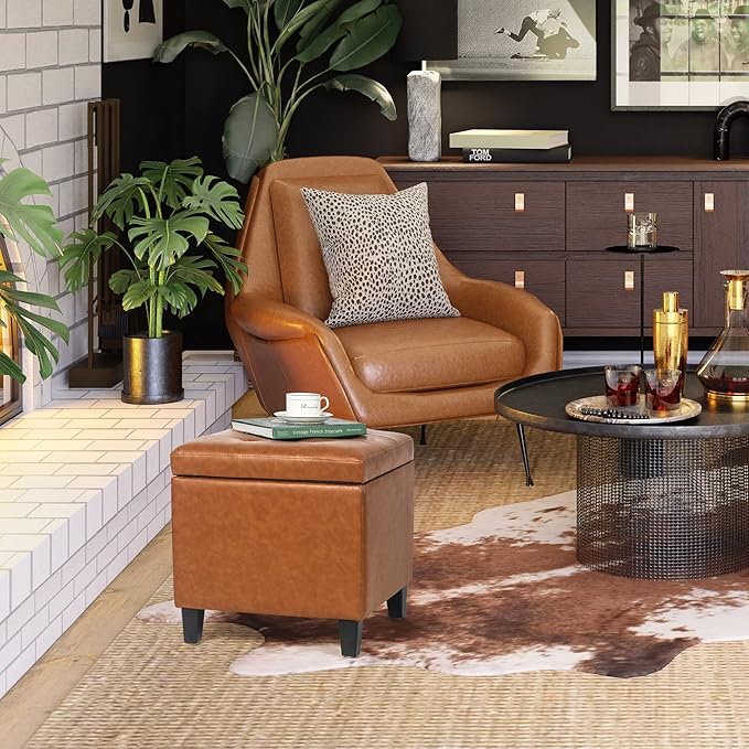 Adeco 17.7" Leather Cube Storage Orange Ottomans for Living Room-Ruum Studio Home