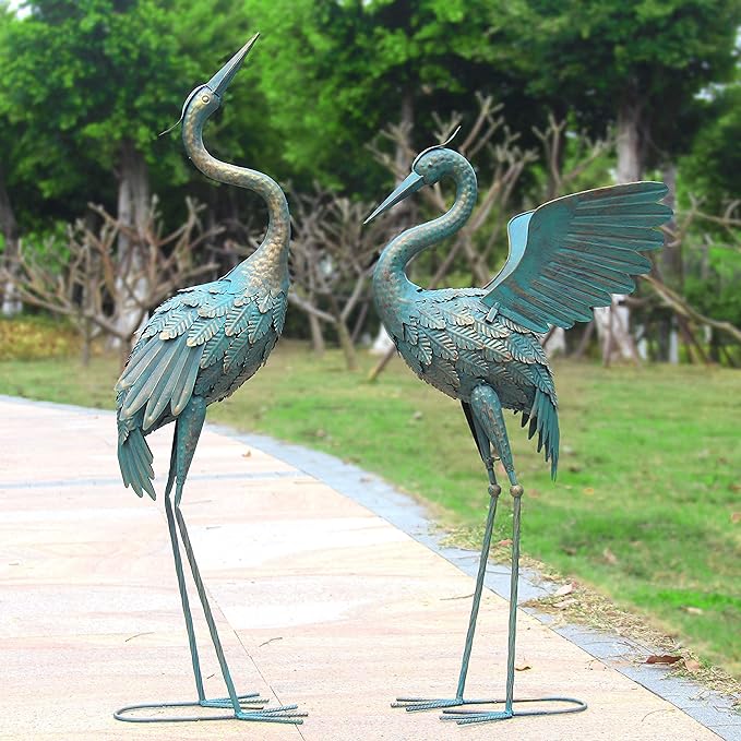 33-37 Inch Metal Crane Garden Statue Décor, Bird Garden Sculpture & Statues, Outdoor Decoration for Yard Patio Lawn Backyard Pool, Vintage Spread Wings Crane, Set of 2-Ruum Studio Home