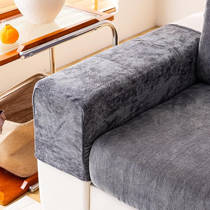 Chenille Sofa Armrest Covers, Soft Stretch Non-Slip Couch Arm Covers for Sofa, Chair or L Shaped Sectional, Furniture Protector (2 Pieces, Dark Grey)-Ruum Studio Home