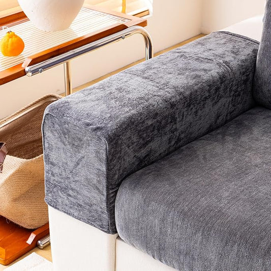 Chenille Sofa Armrest Covers, Soft Stretch Non-Slip Couch Arm Covers for Sofa, Chair or L Shaped Sectional, Furniture Protector (2 Pieces, Dark Grey)-Ruum Studio Home