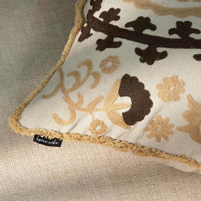 Embroidered Floral Mandala Vintage Indian Cotton Decorative Embroidery Throw Pillow Covers, Fringes Lace Cushion Cover, Pillow Case for Sofa Couch Bed Chair 18" x 18"-Ruum Studio Home