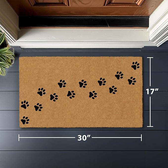 Barnyard Designs Natural Coco Coir Heavy Duty Backing Doormat - Large Cute Non-Slip Front Door Welcome Mat for Outside Entrance or Porch Entry, Brown (17x30, Paws)-Ruum Studio Home
