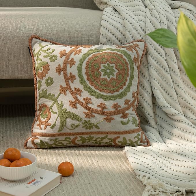 Embroidered Mandala Floral Vintage Indian Cotton Decorative Embroidery Throw Pillow Covers, Fringes Lace Cushion Cover, Pillow Case for Sofa Couch Bed Chair 18" x 18"-Ruum Studio Home