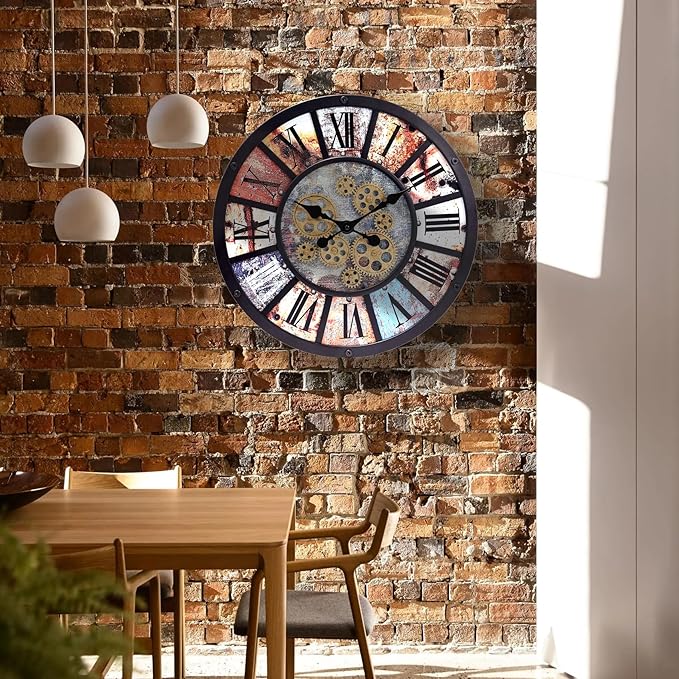Unique Moving Gear Extra Large Wall Clock 21"-Battery Powered. Retro Industrial Steampunk Country Farmhouse Decor for Living Room, Kitchen,Bars, Restaurants, cafes, Offices(Black- 21")-Ruum Studio Home