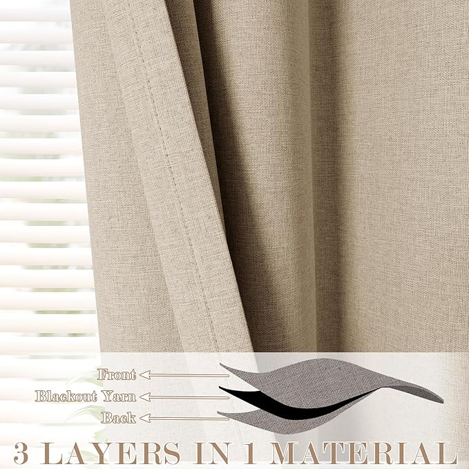 100% Blackout Linen Textured Drapes for Bedroom Pinch Pleated Curtains for Track System Portable Drapery for Sliding Glass Door/Storage/Space Room Divider, 70" Wx102 L, 1 PC, Sand Beige-Ruum Studio Home