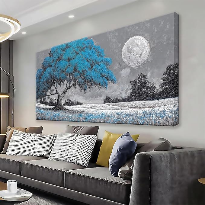 TAIJXAGSG Wall Art For Living Room Blue Tree Moon Canvas Art Wall Print Decor Artwork Print Painting 24" X 48" Modern Wall Art Picture For Bedroom Modern Salon Kitchen Office Home Wall Decor-Ruum Studio Home