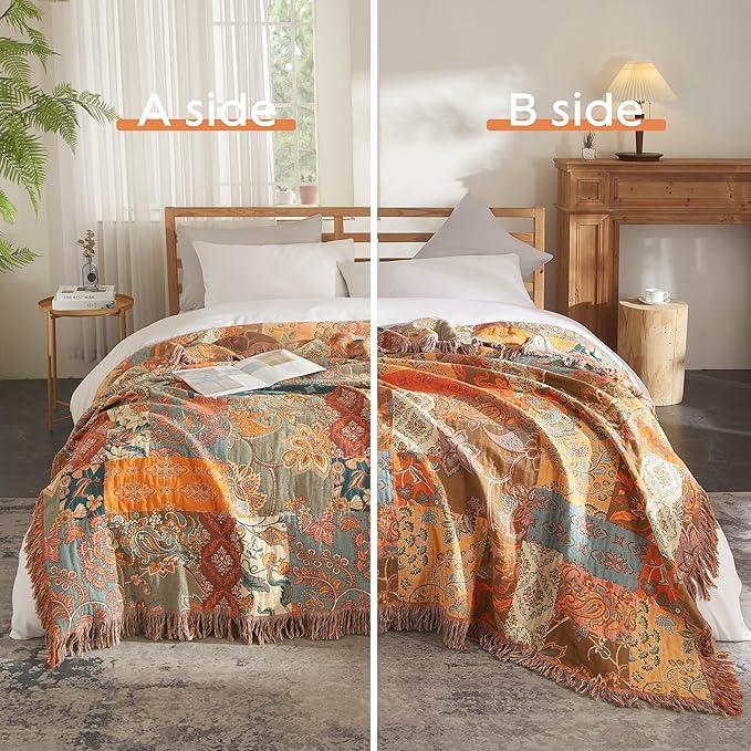 Boho Throw Blanket for Bed 90”x98”, 100% Cotton Woven Blanket for Couch Sofa, Ultra Soft 4-Layer Muslin Quilt with Patchwork Floral Printed, Farmhouse Bed Blanket/Cover for Living Room Decor-Ruum Studio Home