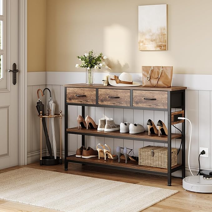 Lulive Entryway Table with Power Outlets, Console Table with 3 Fabric Drawers, Sofa Table for Living Room, Hallway, Couch, Foyer, Height Adjustable (Rustic Brown, 43")-Ruum Studio Home