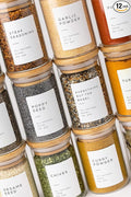 Empty Spice Jars with Label Pack (12x Bamboo Lid Glass Jar). Small 6oz Spice Storage Bottles with 112 Printed Stickers and 48 Writable Pantry Labels for Seasoning Containers-Ruum Studio Home