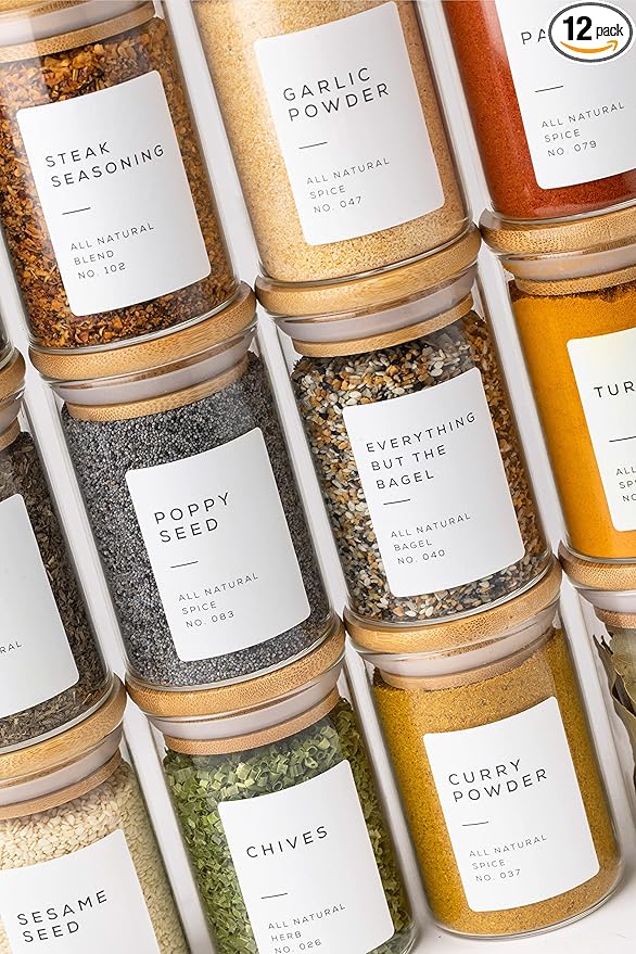 Empty Spice Jars with Label Pack (12x Bamboo Lid Glass Jar). Small 6oz Spice Storage Bottles with 112 Printed Stickers and 48 Writable Pantry Labels for Seasoning Containers-Ruum Studio Home