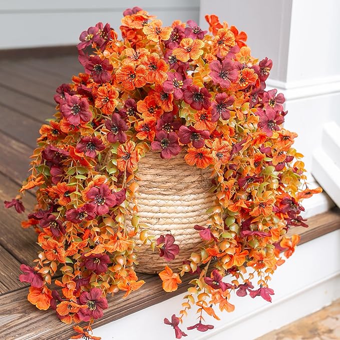 INSPRING Fake Autumn Flowers for Outdoors, 2Pcs Artificial Fall Light Orange & Brown Daisy Outside Decor, Fake Hanging Decoration, Realistic Plants, Silk Flower for Porch Patio Balcony Planter-Ruum Studio Home