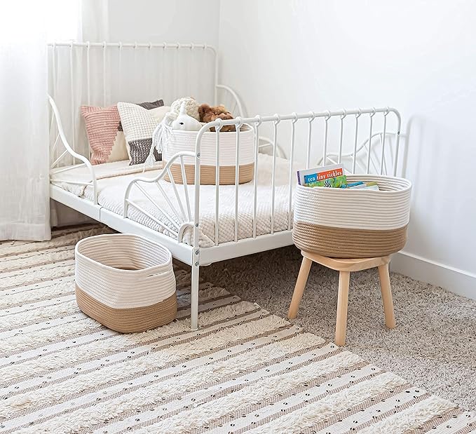 OrganiHaus Set of 3 Woven Storage Baskets for Organizing, Cotton Rope Organizer Bins for Shelves, Closet & Nursery, Dog Toy Basket, Decorative Bins for Toys, Towels & Books - 15x10x9, Honey/Off-White-Ruum Studio Home